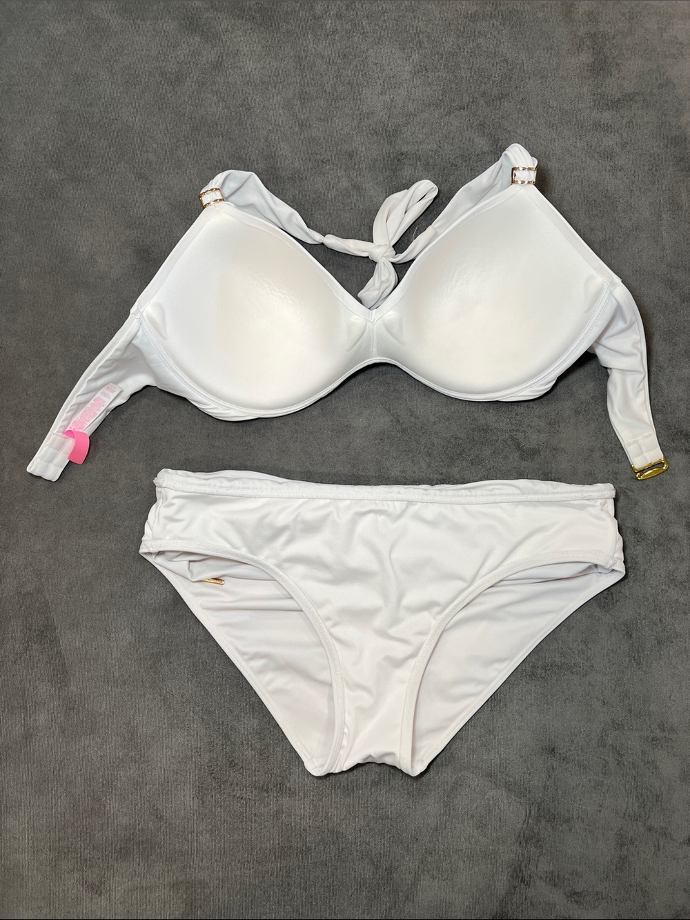 Victoria's Secret White Halter Bikini Set with Gold Bottom M Top 36D - Picture 7 of 10